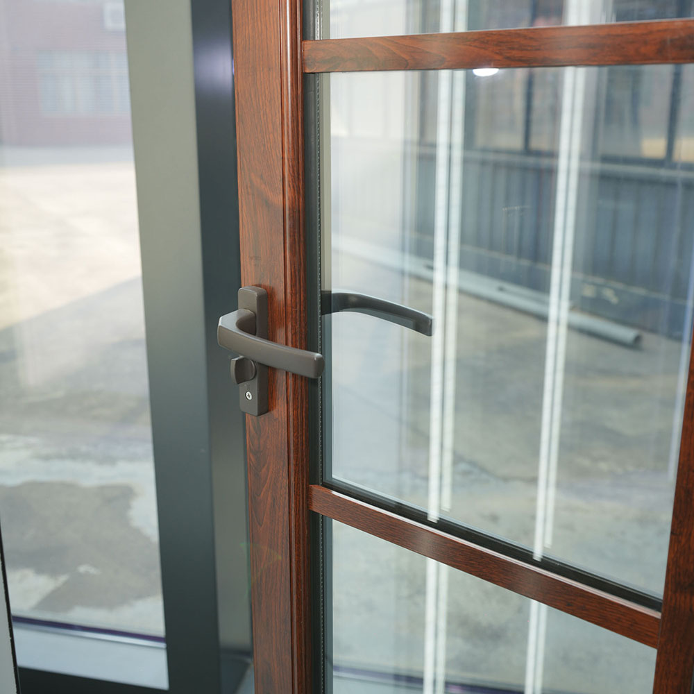 Modern Manual Red Wood Grain Single Outward Opening Aluminum Glass Door with Sound Insulation for Villa Courtyard Entrance