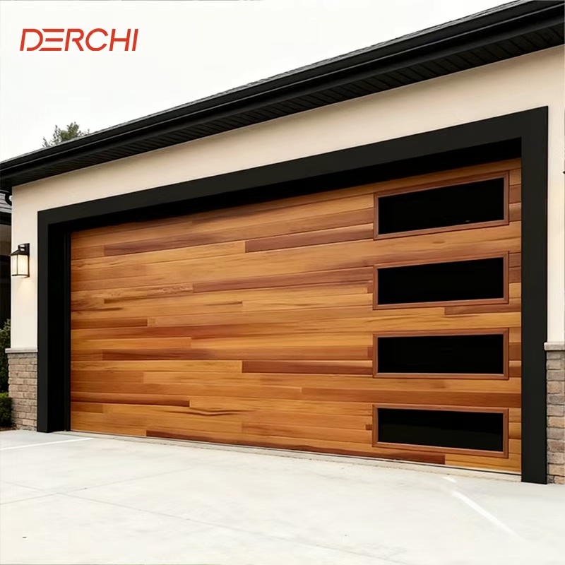 DERCHI USA Electric 16x8 Aluminum Wooden Looking Galvanized Steel PU Foam Overhead Sliding Garage Door With Black Windows