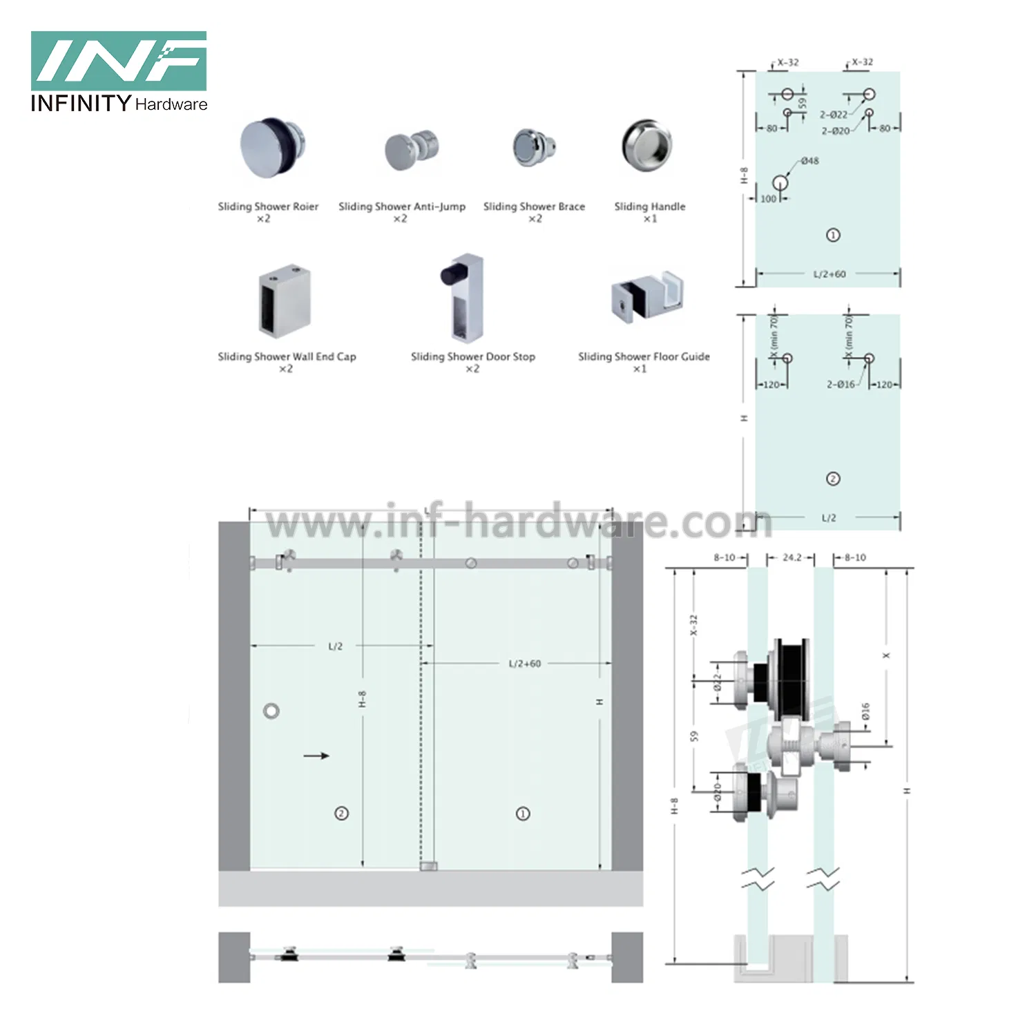 Stainless Steel Glass Fitting Heavy Duty Sliding Glass Door System Bathroom Accessories