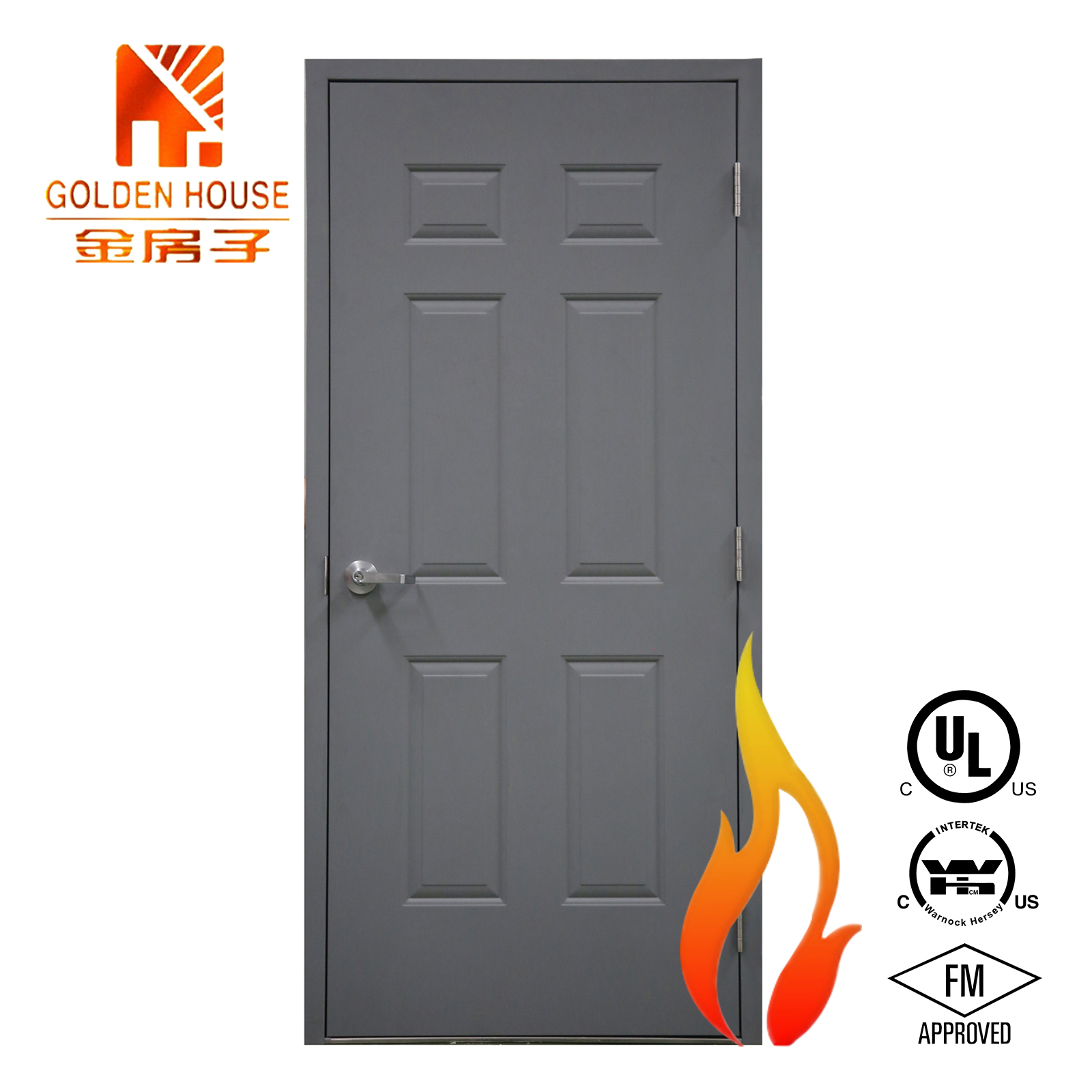 Wh Intertek 90 Mins Fireproof Steel Door 6 Panel Embossed Hollow Metal Fire Rated Door