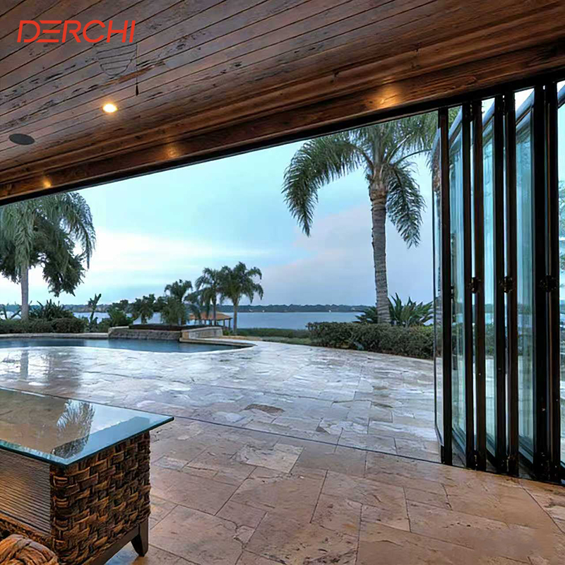 USA Standard Outdoor Aluminum Vertical Stacking Door Double Tempered Glass Insulated Waterproof Patio Balcony Bi-Folding Doors