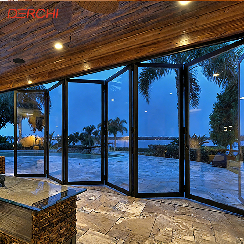 USA Standard Outdoor Aluminum Vertical Stacking Door Double Tempered Glass Insulated Waterproof Patio Balcony Bi-Folding Doors