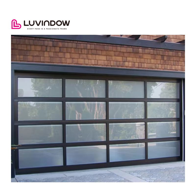 Luxury Modern Fully Tempered Aluminum Alloy Garage Door Black Frosted Hurricane-Proof Insulation Rolling Open Style For Villas
