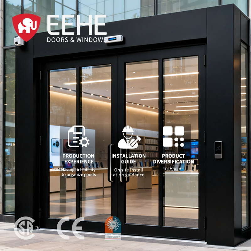 EEHE Modern Aluminum Store Front Door NFRC Certified Soundproof Waterproof Windproof Glass Door for Hotel Exterior Use