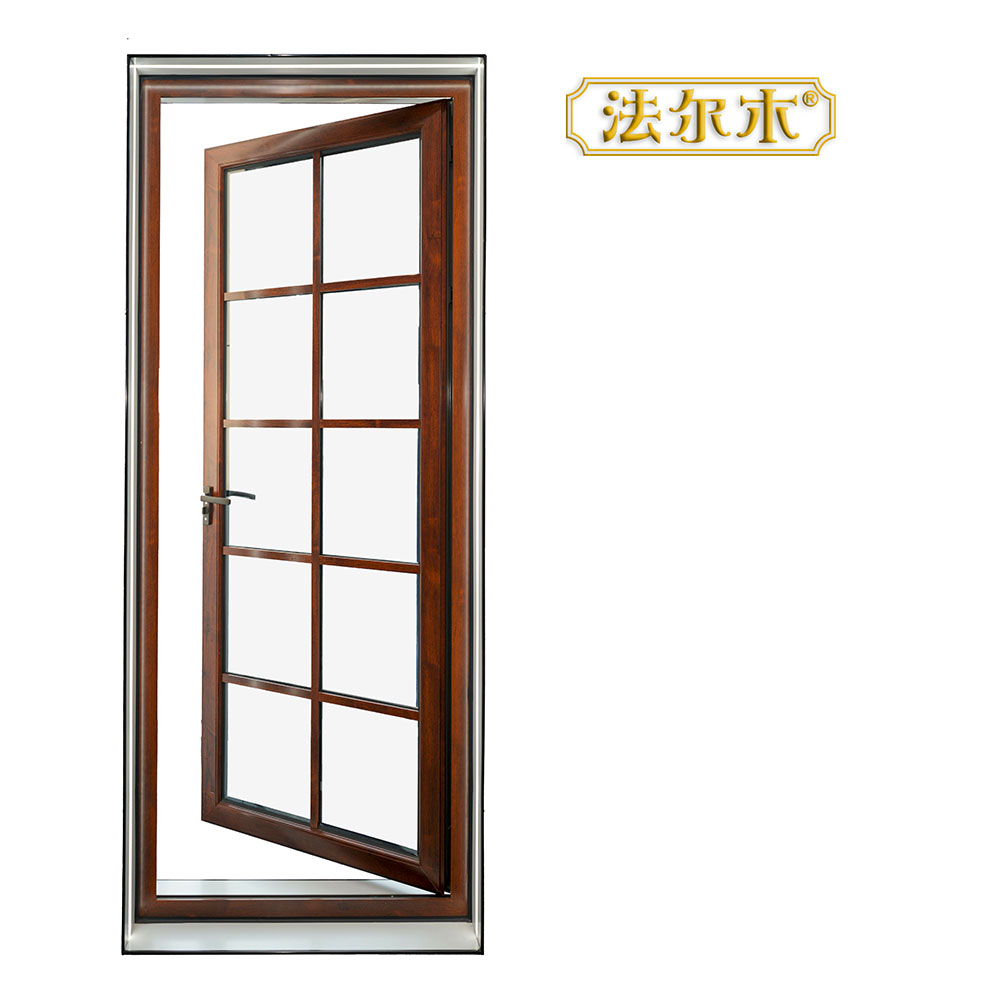Modern Manual Red Wood Grain Single Outward Opening Aluminum Glass Door with Sound Insulation for Villa Courtyard Entrance