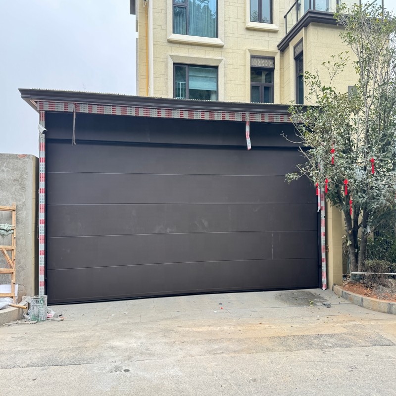Modern Black Sectional Garage Door Insulated Automatic Overhead Door with Round Porthole Windows for Villa Home Use