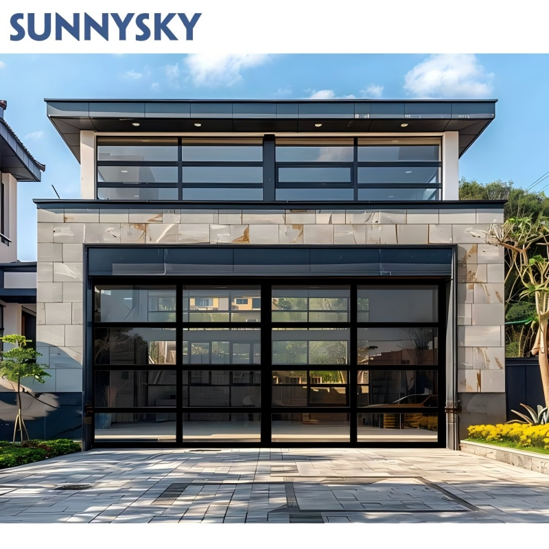 Residential Black Aluminum Double Tempered Glass Sectional WiFi Automatic Garage Door