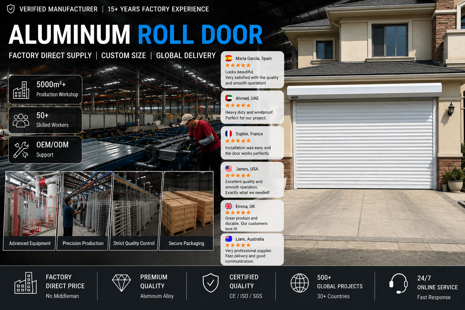 Automatic Electric Aluminum Alloy Rolling Shutter Door Windproof Anti-theft Insulated Roll up Garage Doors for Commercial Shop