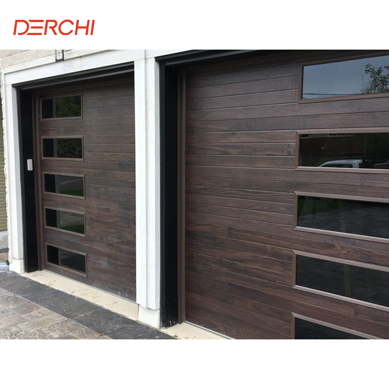 DERCHI USA Electric 16x8 Aluminum Wooden Looking Galvanized Steel PU Foam Overhead Sliding Garage Door With Black Windows