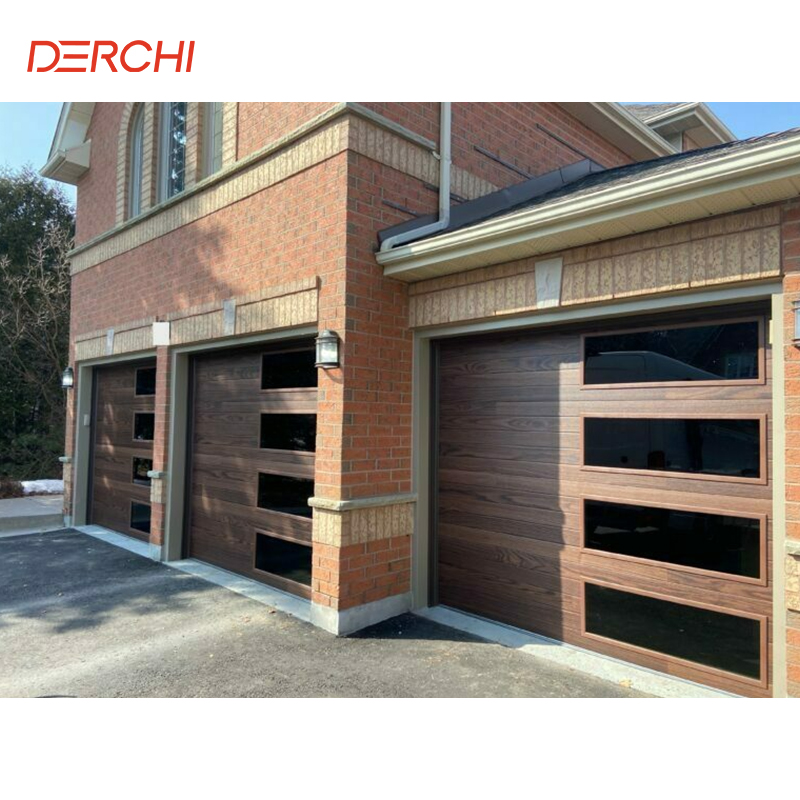 DERCHI USA Electric 16x8 Aluminum Wooden Looking Galvanized Steel PU Foam Overhead Sliding Garage Door With Black Windows