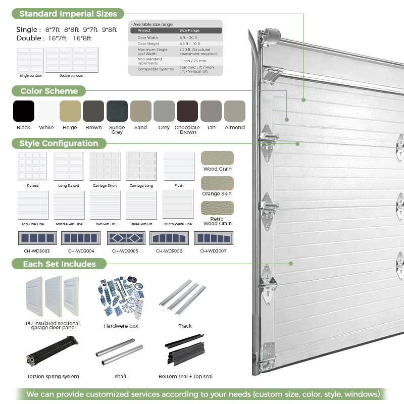 Chi Raised Style 9X7 Steel Raised Insulated Residential Sectional Overhead Garage Door