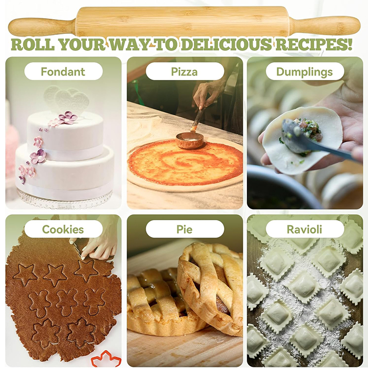 WDF Natural Bamboo Eco-friendly Dough Roller 360&deg; Rotation Cookie Dumpling Skin DIY Tool Non-stick Rolling Pin for Baking