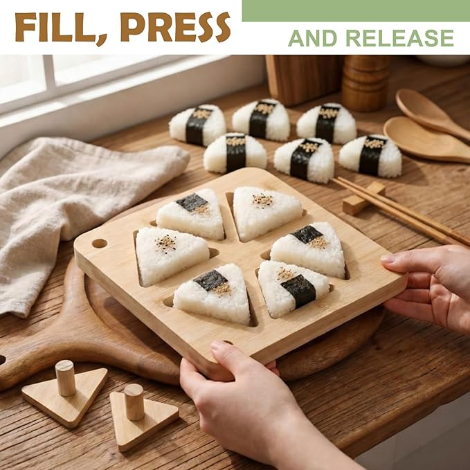 Bamboo Sushi Making Kit, Bamboo Onigiri Rice Ball Mold Set with Triangle Press Plate