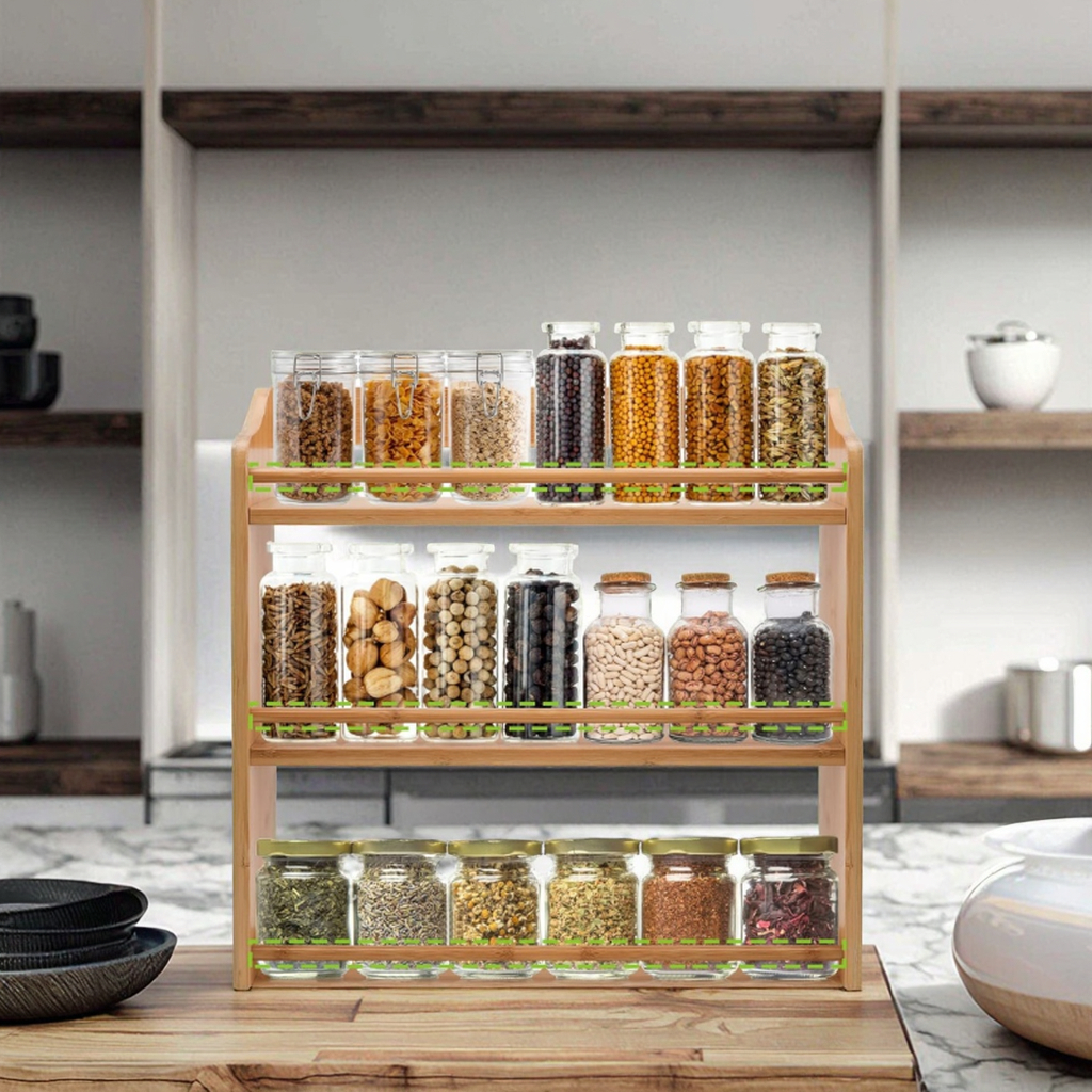 Modern 3-Tier Bamboo Spice Rack Seasoning Jars Organizer Storage Holder for Kitchen Counter or Wall Mounting