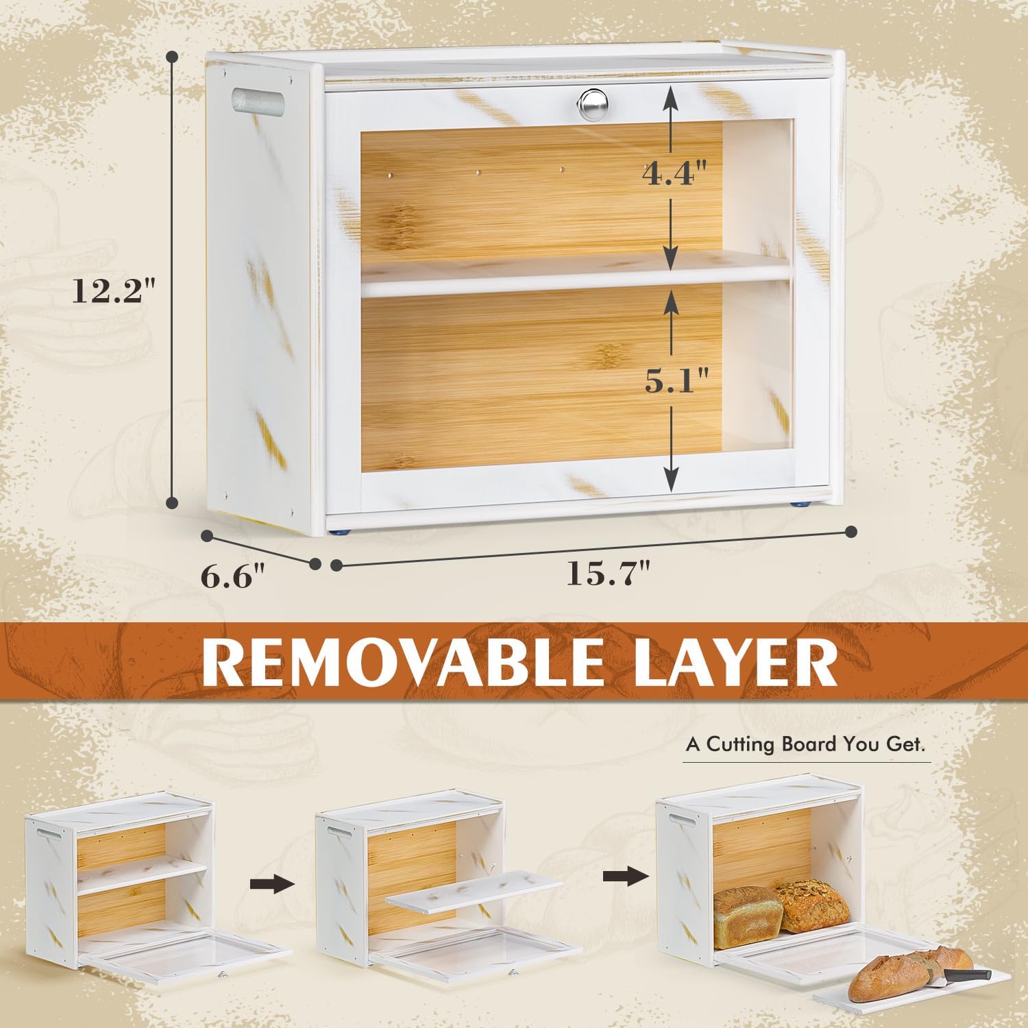 Easy Carry Handle Large Capacity Transparent Door Dual Layer Bamboo Bread Box for Kitchen Countertop Food Storage Container