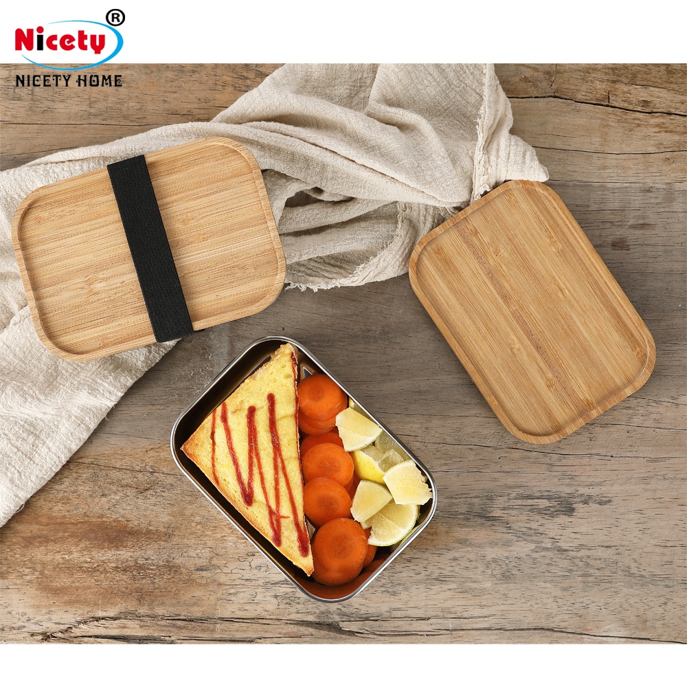 Eco Stainless Steel Food Grade 304 Metal Stainless Steel Bread Box Bento Lunch Box With Bamboo Lid