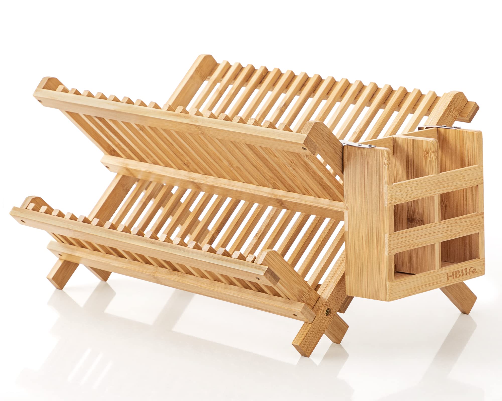 Large Collapsible Bamboo Dish Drying Rack with Utensil Holder Over Sink Kitchen Folding Dish Rack with Tools Use