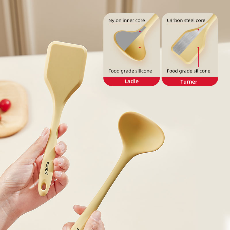 Eco-Friendly Kitchen Utensils Set Heat Resistant Bamboo Spatula Ladle Spoon Turner Non-Stick Cooking Tools Food Grade Silicone