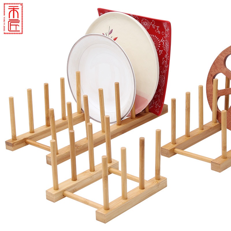 Creative Double-Tiered Bamboo Dish Rack Simple Kitchen and Supermarket Display for Dinnerware and Cup Holder