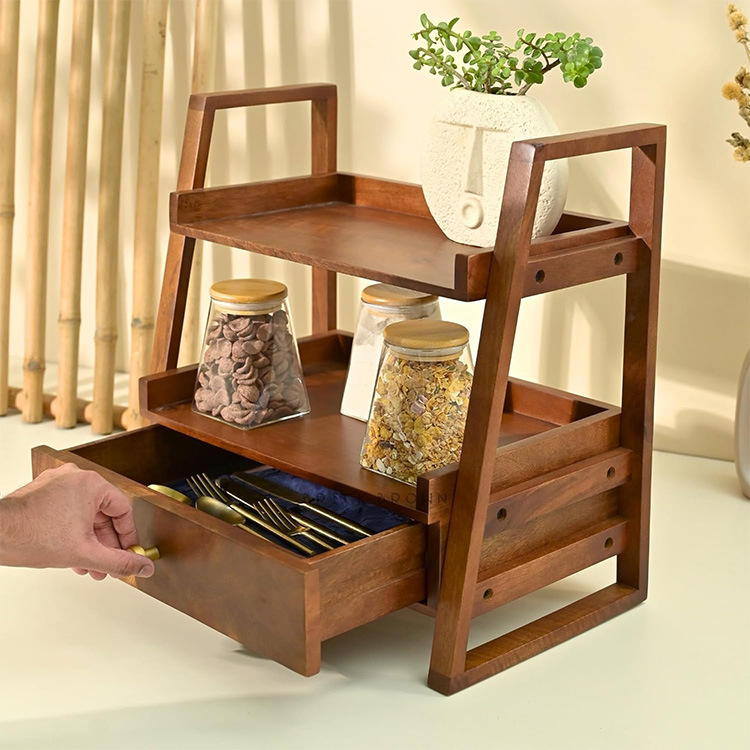 Custom Bamboo Wood Desktop Cosmetic&amp;Seasoning Storage Rack with Drawer Kitchen Spice Rack Organizer Spices Jar Rack Spice Drawer