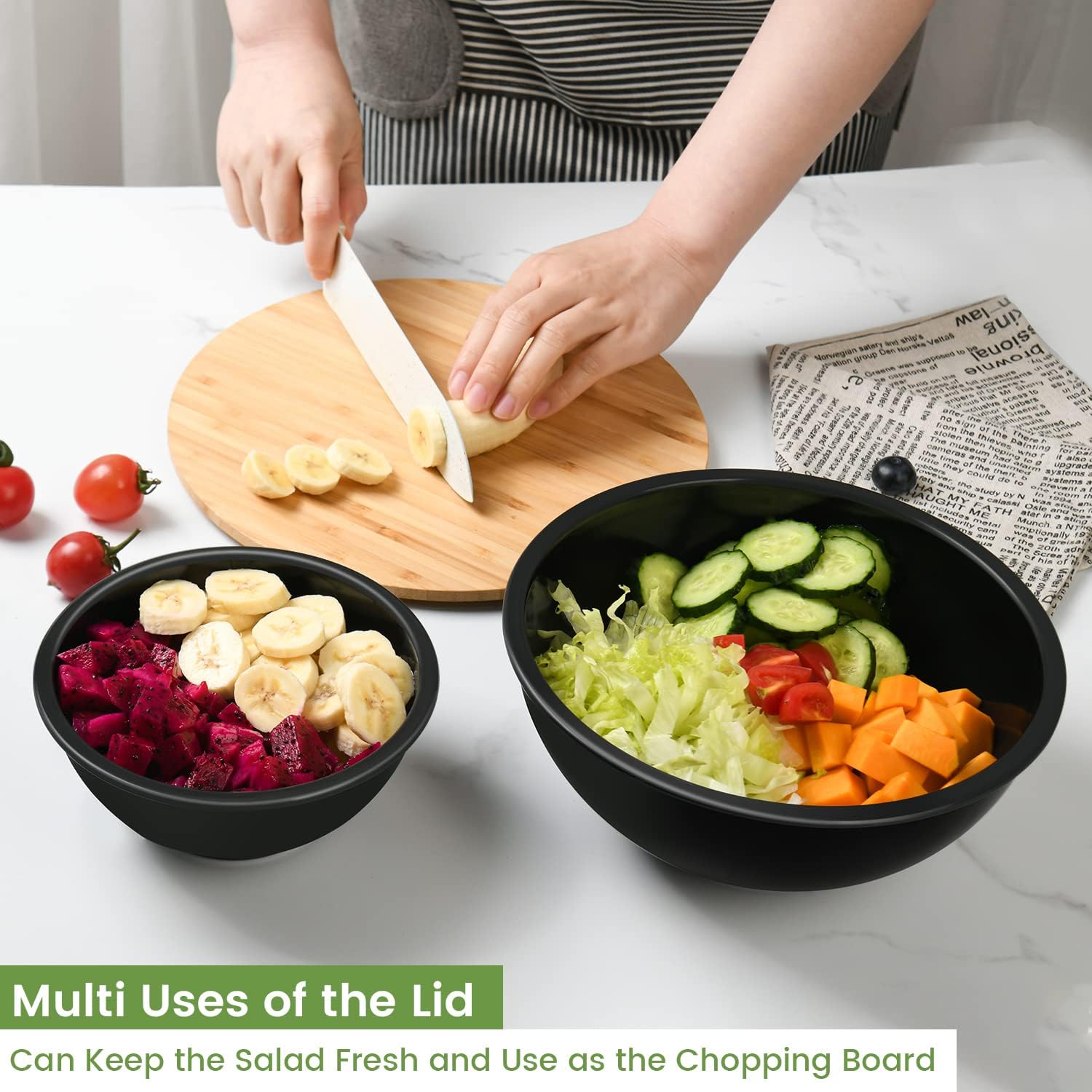 Dishwasher Safe 10" Large Salad Mixing Bowls Set of 3 Bamboo Bowl With Lid