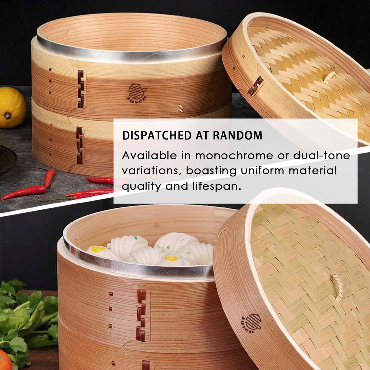 Deepened Wooden Steamer with Metal Rim Bamboo Basket for Cooking Dumpling Dim Sum Rice Potsticker Steaming Chinese Asian Food