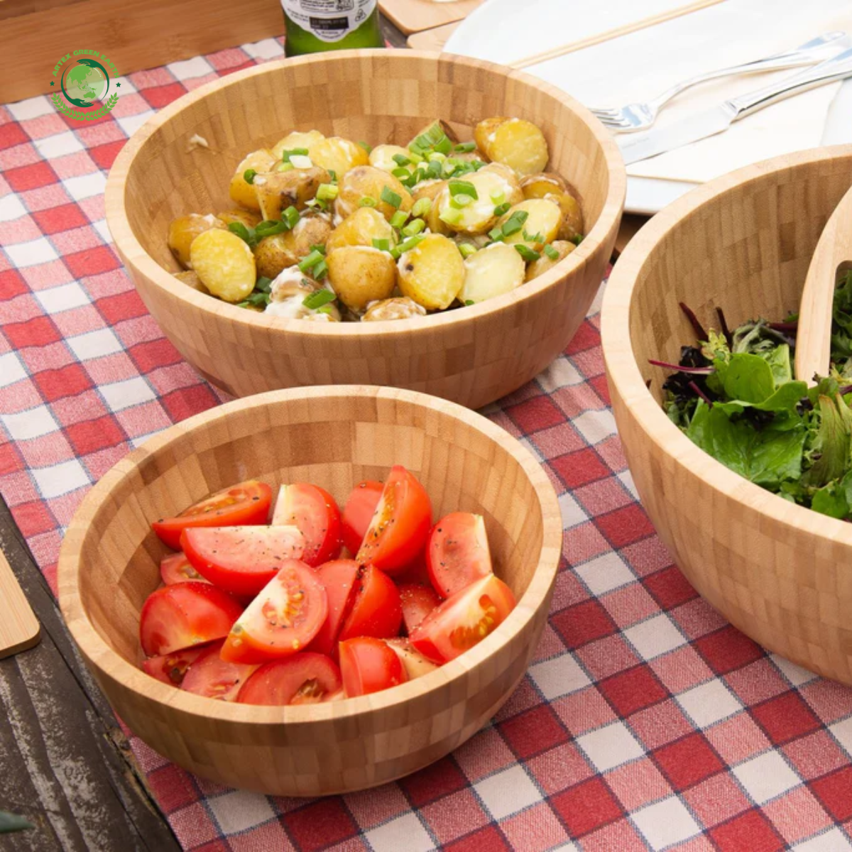 Set of 3 bamboo salad bowls and salad utensils Natural Tableware Decoration Eco-Friendly Wholesale Vietnamese products
