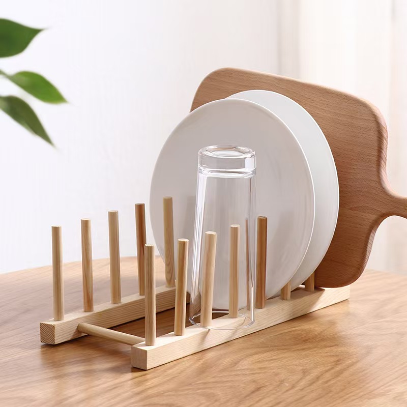 Natural Bamboo Wooden Single Dish Drying Rack Multi-Purpose Standing Type Storage Solution for Baking Pan Cup Pot Lid Bowl