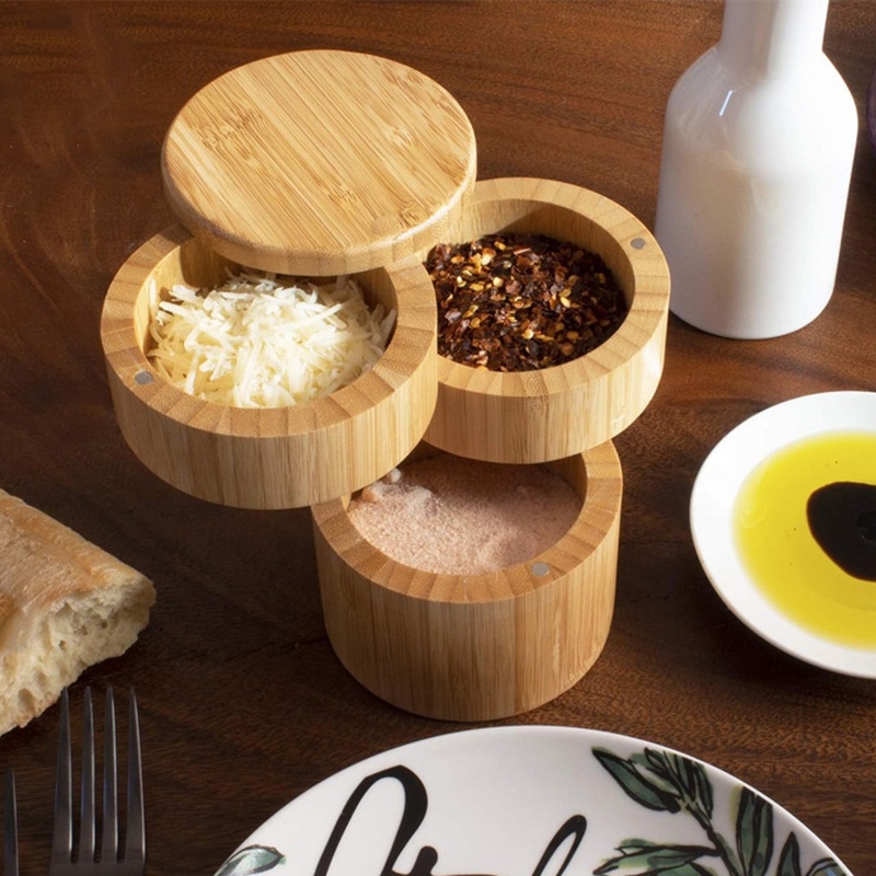 Wooden Round Box Bamboo Salt Cellar Bamboo Storage Box With Magnetic Swivel Lid Bamboo Salt Box 6 Ounce Capacity