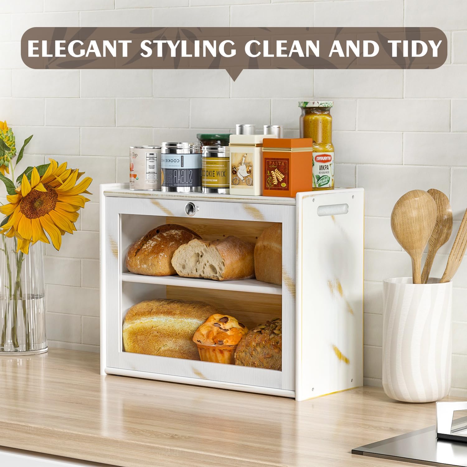 Easy Carry Handle Large Capacity Transparent Door Dual Layer Bamboo Bread Box for Kitchen Countertop Food Storage Container