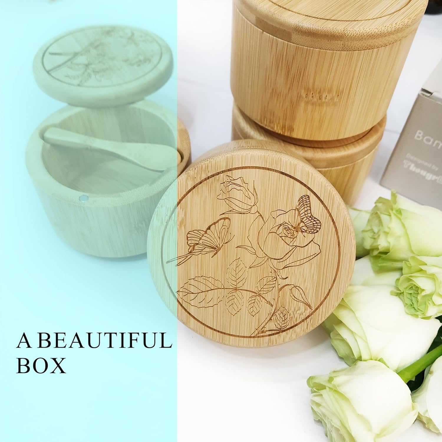 Kitchen Salt Storage Container Round Wooden Salt Box Bamboo Salt Cellar with Lid and Spoon