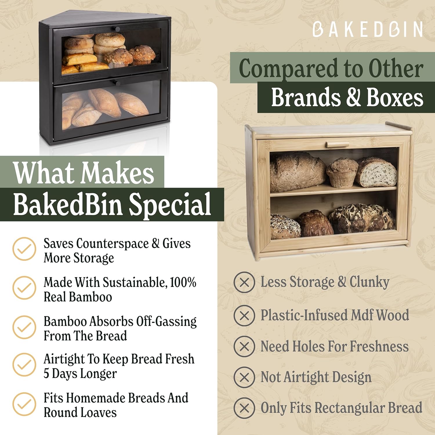 Corner Bread Box for Kitchen Countertop Vintage Bamboo Wooden BreadBox, Storage for Homemade Bread, Sourdough, Panera