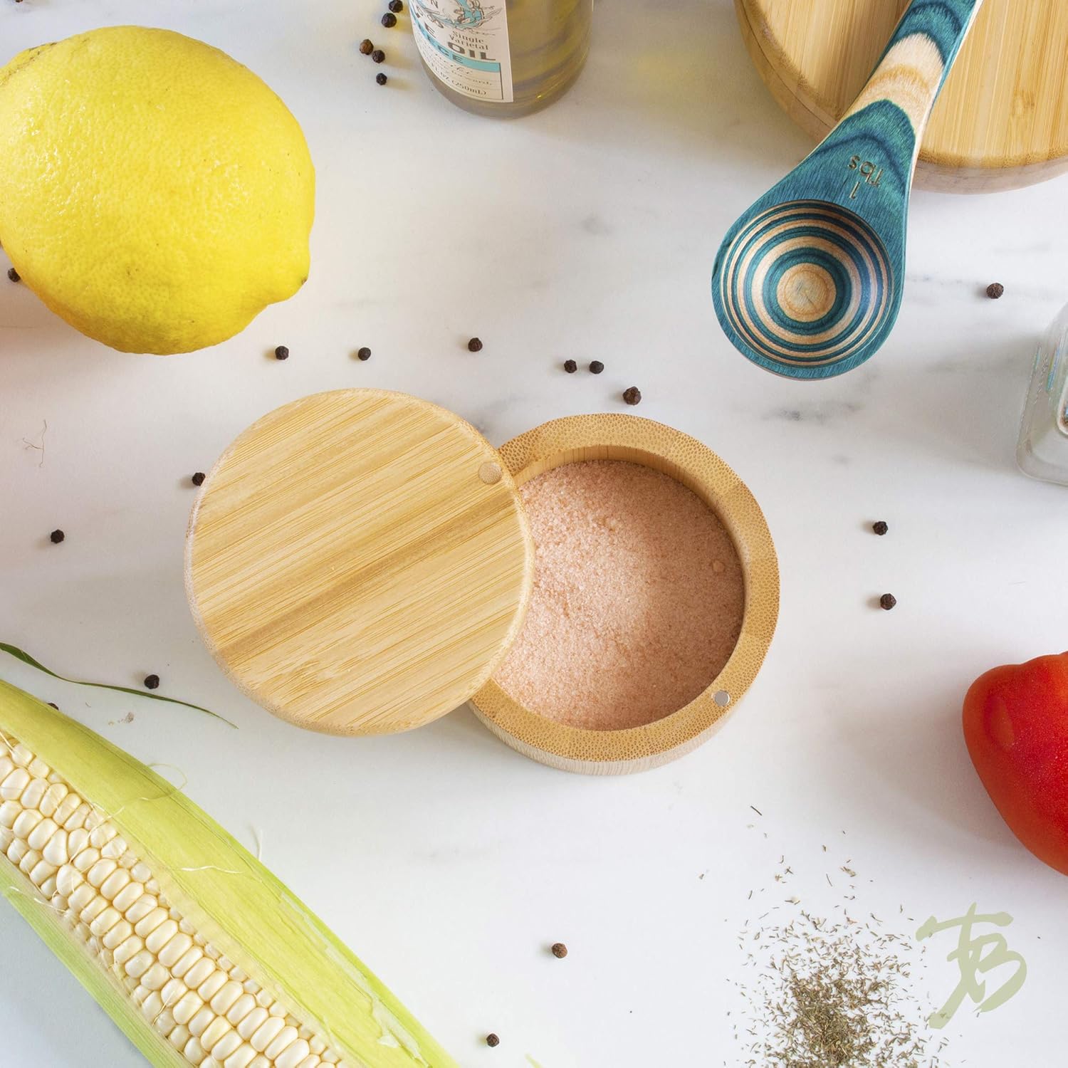 Convenient Home Storage Box Small Wood Bamboo Salt Cellar with Magnetic Swivel Lid Hand Painted Technique