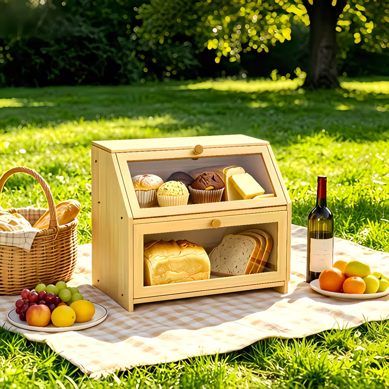 2 Layer Bamboo Bread Box with Clear Windows Large-Capacity Food Storage Container bamboo fiber bread box