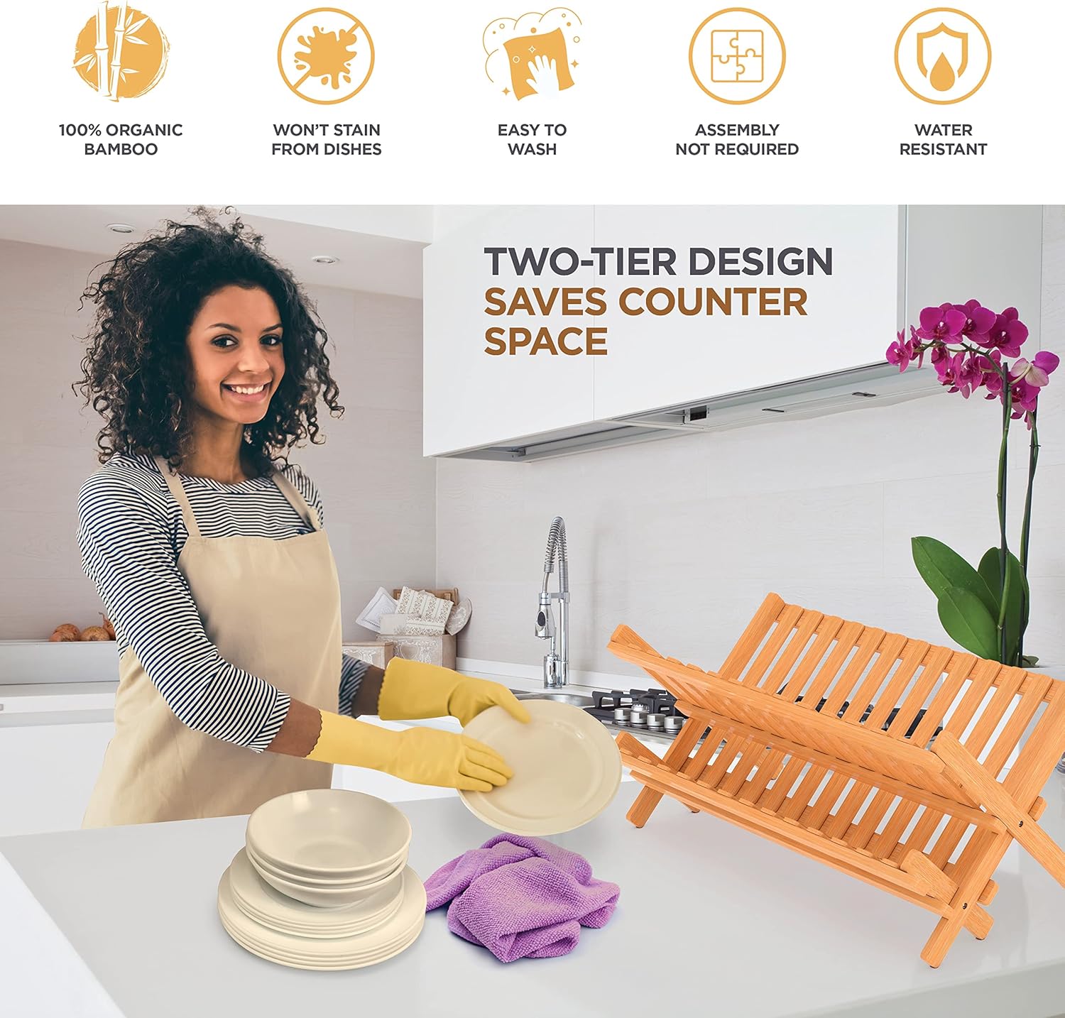 2-Tier Collapsible Bamboo Dish Drying Rack Foldable Space-Saving Kitchen Counter Wooden Drainer for Dishes Storage Holders Racks
