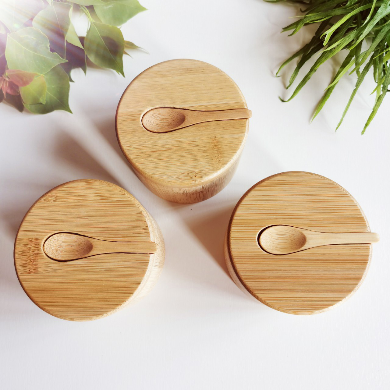 Manufacturers Custom Logo Eco Friendly Bamboo Wooden Bath Salt Cellar Box Container Jar With Spoon