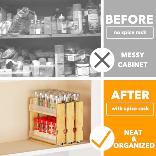 Natural Bamboo Pull Out Spice Rack Organizer Heavy Duty Slide Out Seasoning Kitchen Pantry Sliding Vertical Organization