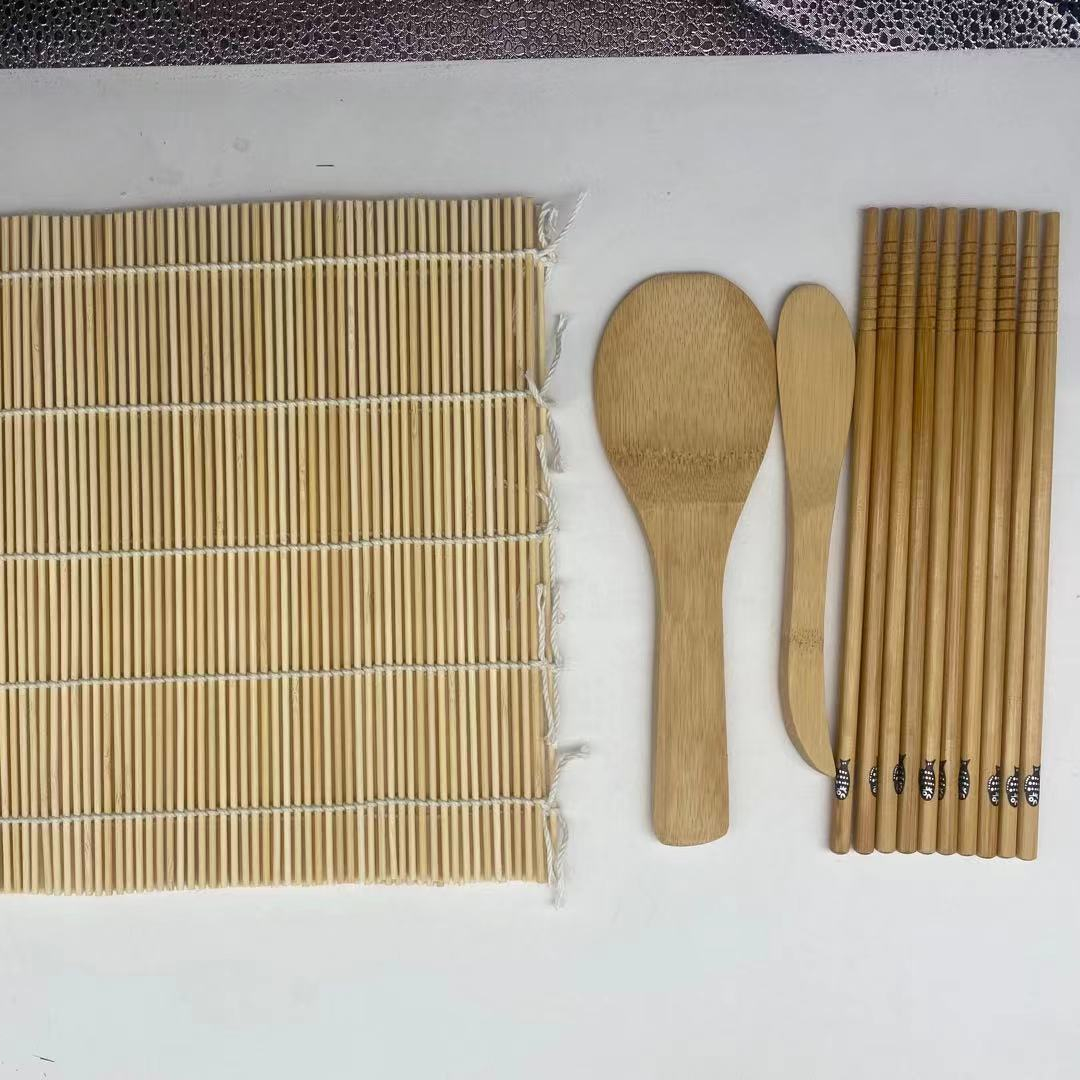 Good Quality Nature Color Bamboo Material Sushi Set Including Mat , Paddles, Chopsticks and Plate