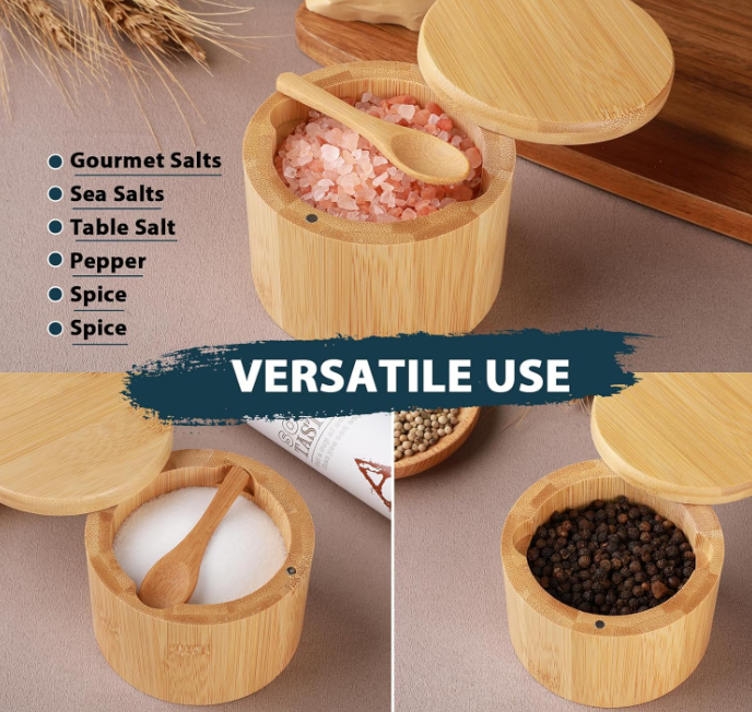Unique Design 2 PCS Bamboo Eco-Friendly Modern Salt Cellar with Built-in Spoon Magnetic Swivel Lid for Countertop Spice Storage