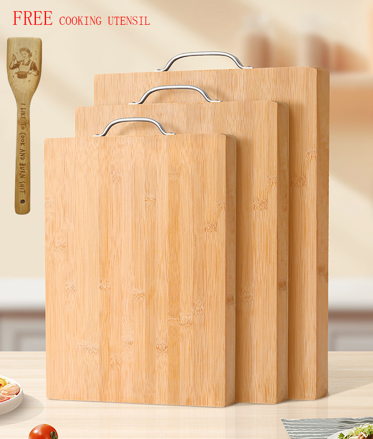 Sustainable Nature Bamboo Fruit Chopping Blocks Metal Handle Bamboo Cutting Board for Restaurant Free Gift Cooking Utensil