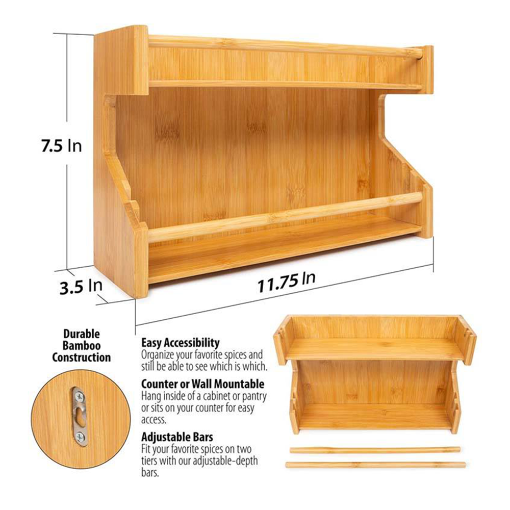 Wall Mounted Stand Wooden Seasoning Jar Rack Holder Bamboo Spices Rack Organizer for Kitchen