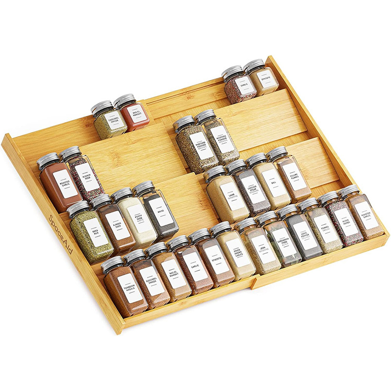 Minimalist Bamboo Spice Drawer Organizer, Extendable 4 Tier Spice Rack for Home Cabinet Seasoning Storage