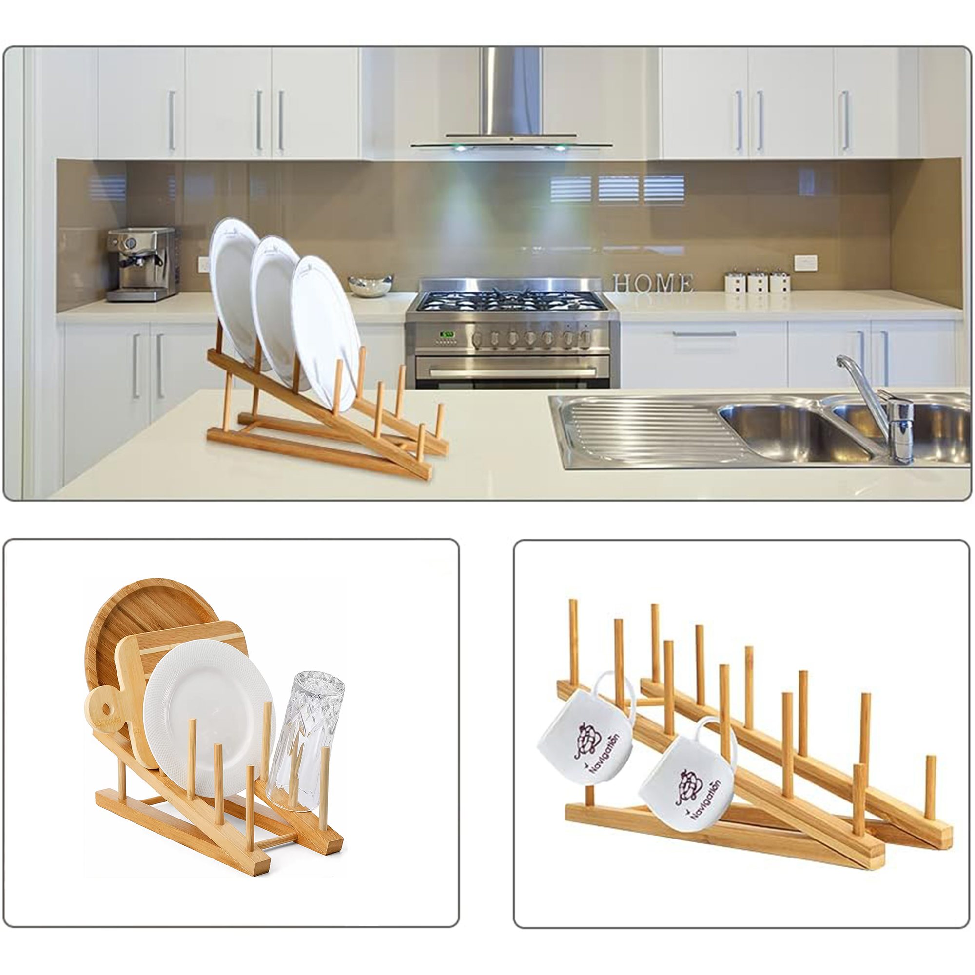 Multifunctional Bamboo Wood Dish Drying Rack Stand Pot Lid Holder Kitchen Cabinet Organizer for Dish Plate