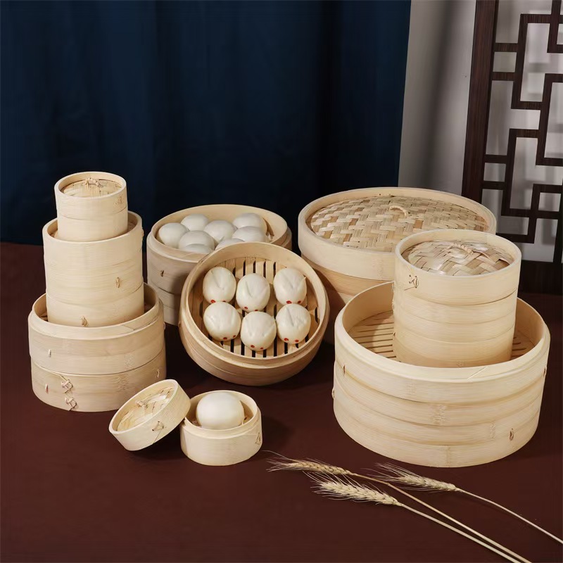 2025 New Eco-Friendly Bamboo Food Steamer Basket Set Mini Dumpling DimSum Cooker 3L Capacity 2 Layers Wholesale