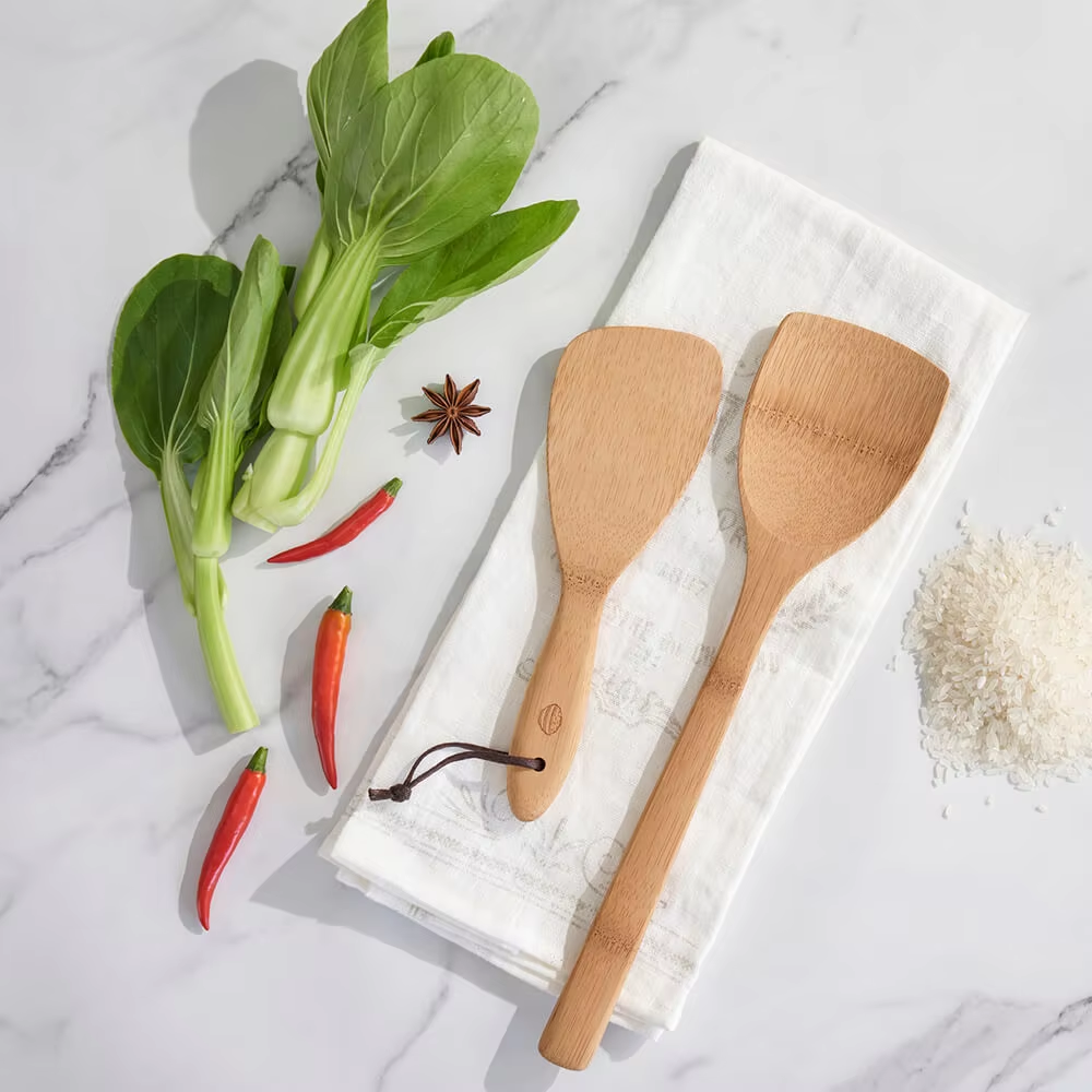 Custom Non-Stick Wooden Bamboo Cooking Utensils Logo Imprinted Rice Paddle Scoop Serving Spoons Kitchen Essential