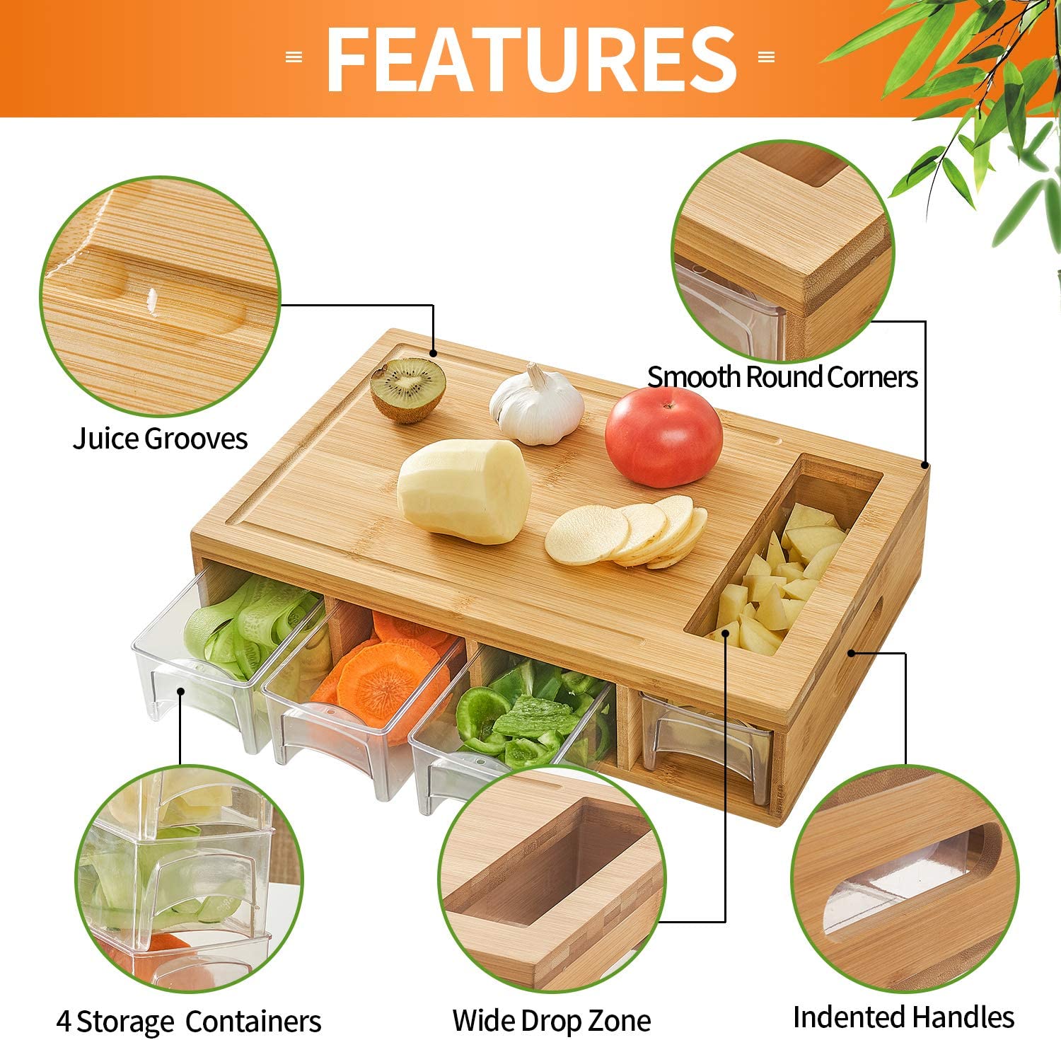 Bamboo Chopping Board with 4 Containers Large Cutting Board with Juice Grooves Kitchen Drawer Cutting Boards