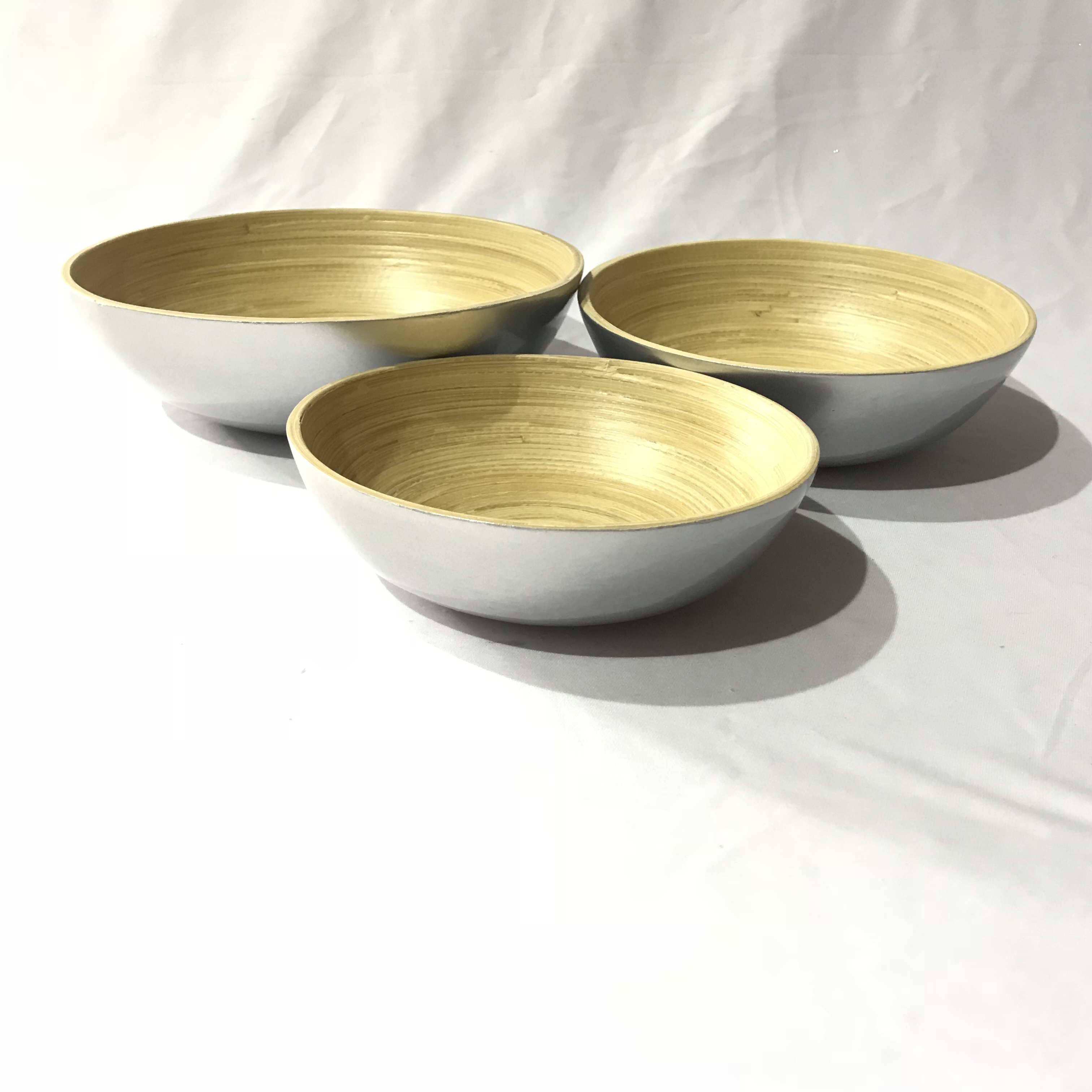 Wholesale Set 3 Spun Bamboo Salad Bowls Handmade 100% Eco-Friendly Silver Classic Polished Design Custom Logo Size Made Vietnam