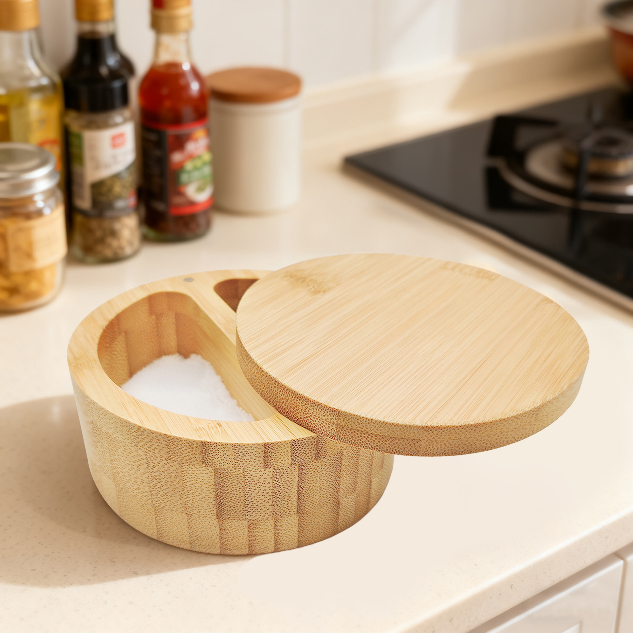 Kitchen Salt Pepper Spice Cellars Storage Container with Swivel Magnetic Lid Bamboo Seasonings Box