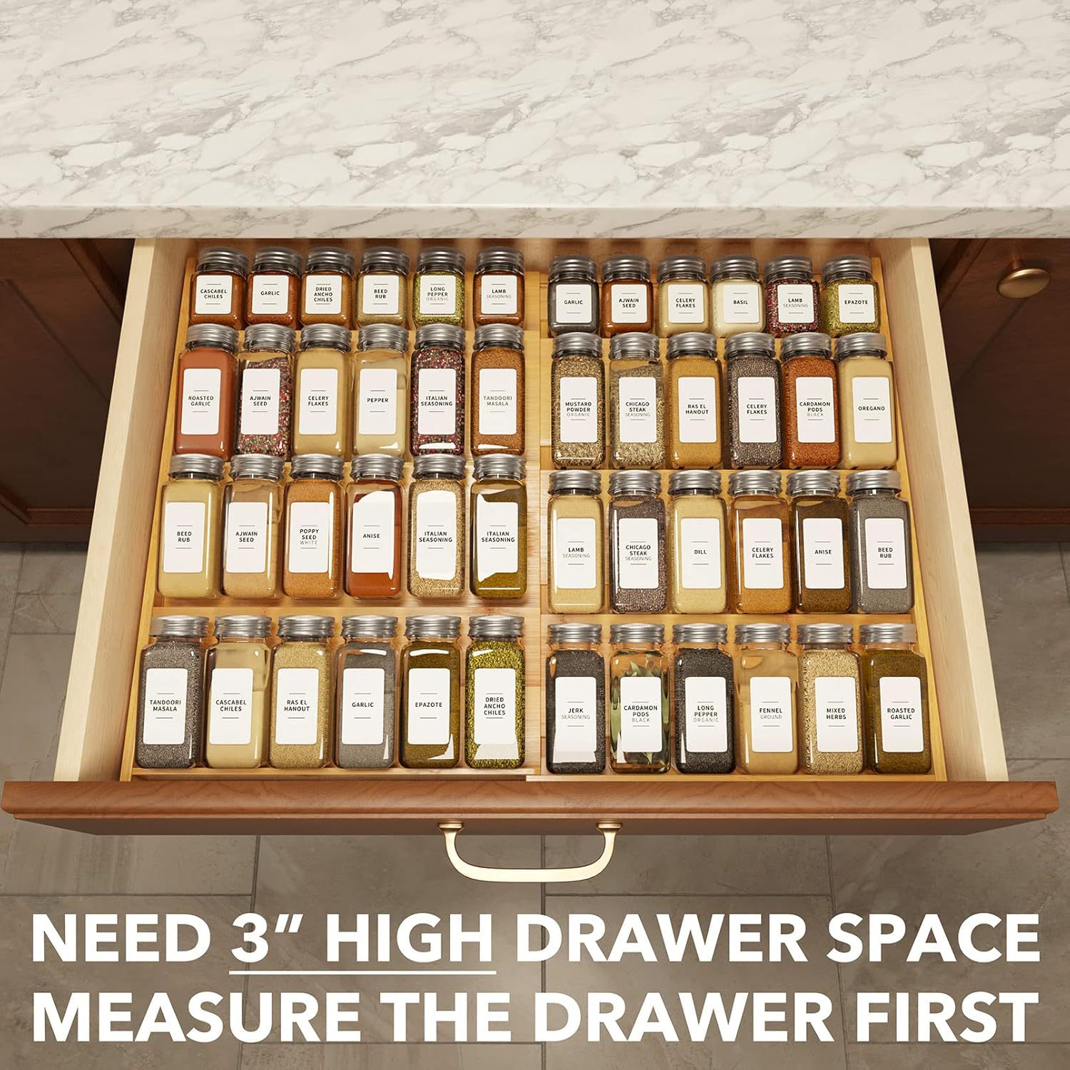 Minimalist Bamboo Spice Drawer Organizer, Extendable 4 Tier Spice Rack for Home Cabinet Seasoning Storage
