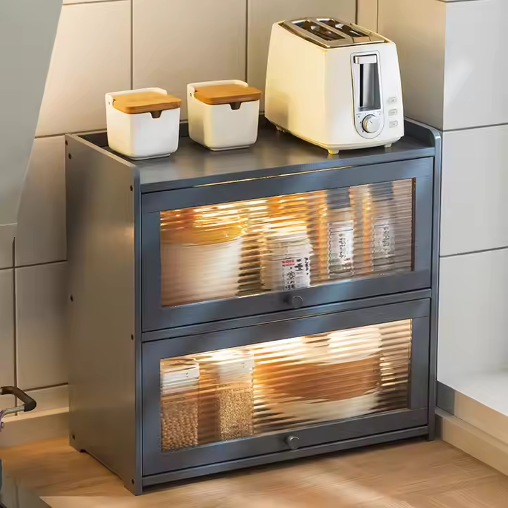 Black Desktop Large Bamboo Bread Box Lockers Tabletop Multi-layers Storage Cabinets Cosmetic Container with Clear Acrylic Window